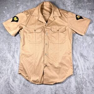 US Army Military Uniform Shirt Mens Small Tan Short Sleeve Button Front